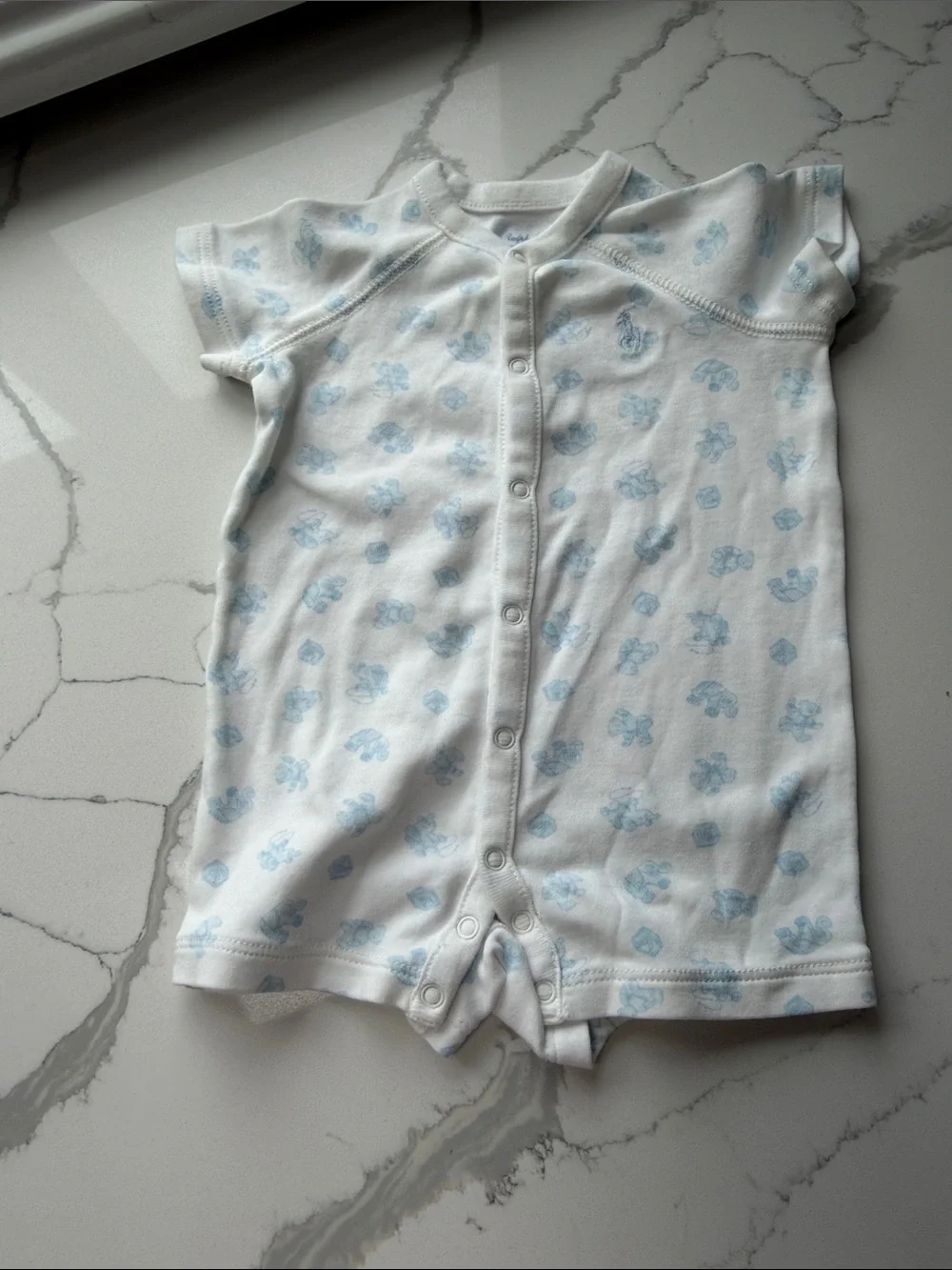 Ralph Lauren White Baby Romper with Light Blue Print